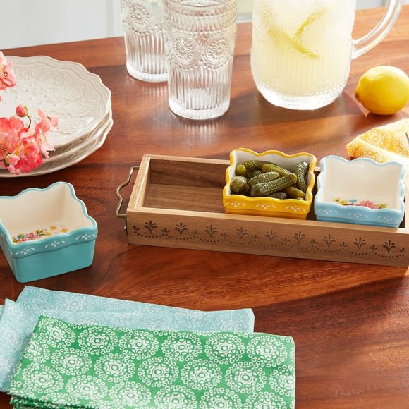 Pioneer Woman Floral Condiment Dish Set Mini Dip Square Bowls Acacia Wood Tray - Picture 16 of 16